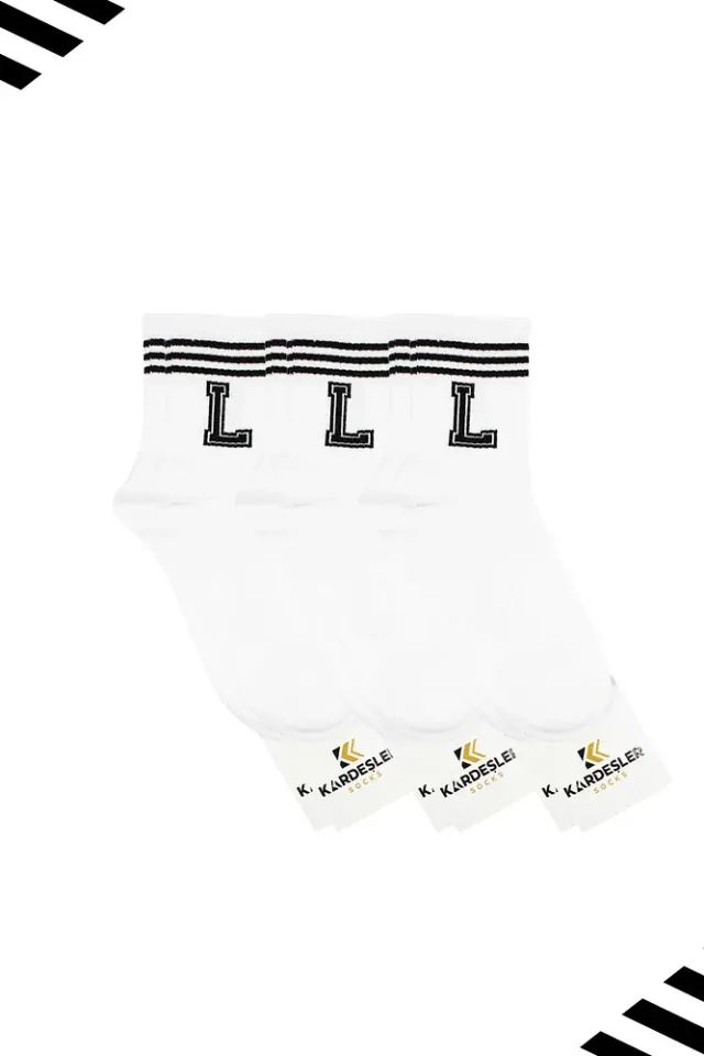 Unisex L Harfi Desenli Tenis Çorap (HARFLİ ÇORAP) 3 Çift Beyaz - 36-42