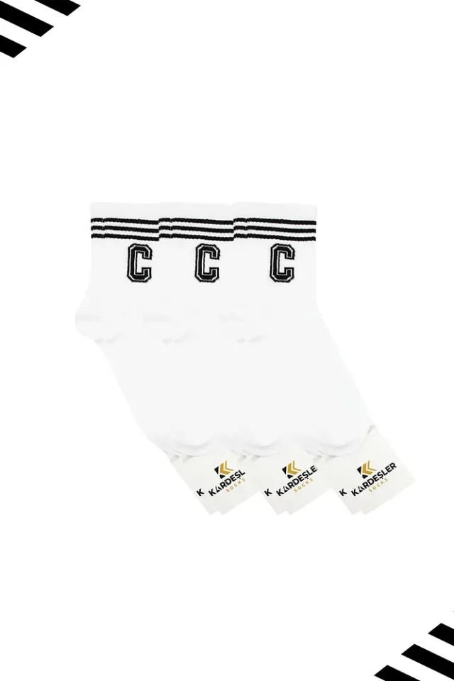 Unisex C Harfi Desenli Tenis Çorap (HARFLİ ÇORAP) 3 Çift Beyaz - 36-42