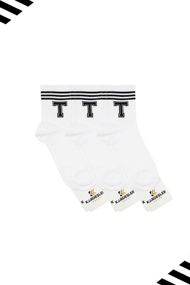 Unisex T Harfi Desenli Tenis Çorap (HARFLİ ÇORAP) 3 Çift Beyaz - 36-42