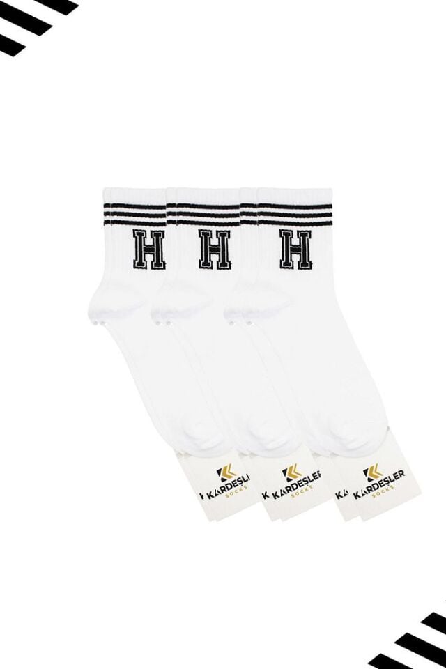 Unisex H Harfi Desenli Tenis Çorap (HARFLİ ÇORAP) 3 Çift Beyaz - 36-42