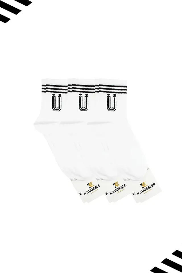 Unisex Ü Harfi Desenli Tenis Çorap (HARFLİ ÇORAP) 3 Çift Beyaz - 36-42