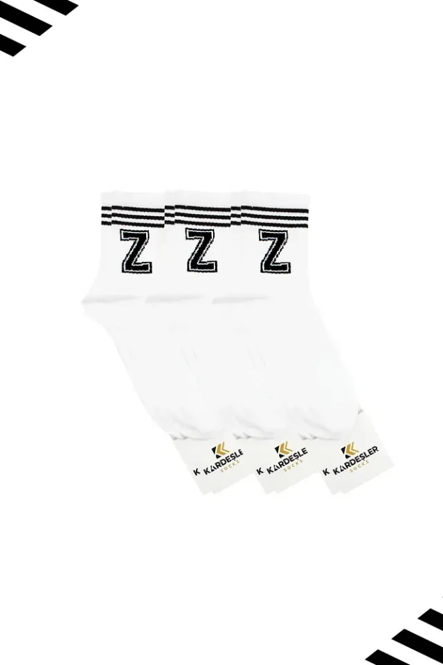 Unisex Z Harfi Desenli Tenis Çorap (HARFLİ ÇORAP) 3 Çift Beyaz - 36-42