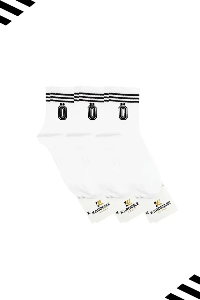 Unisex Ö Harfi Desenli Tenis Çorap (HARFLİ ÇORAP) 3 Çift Beyaz - 36-42