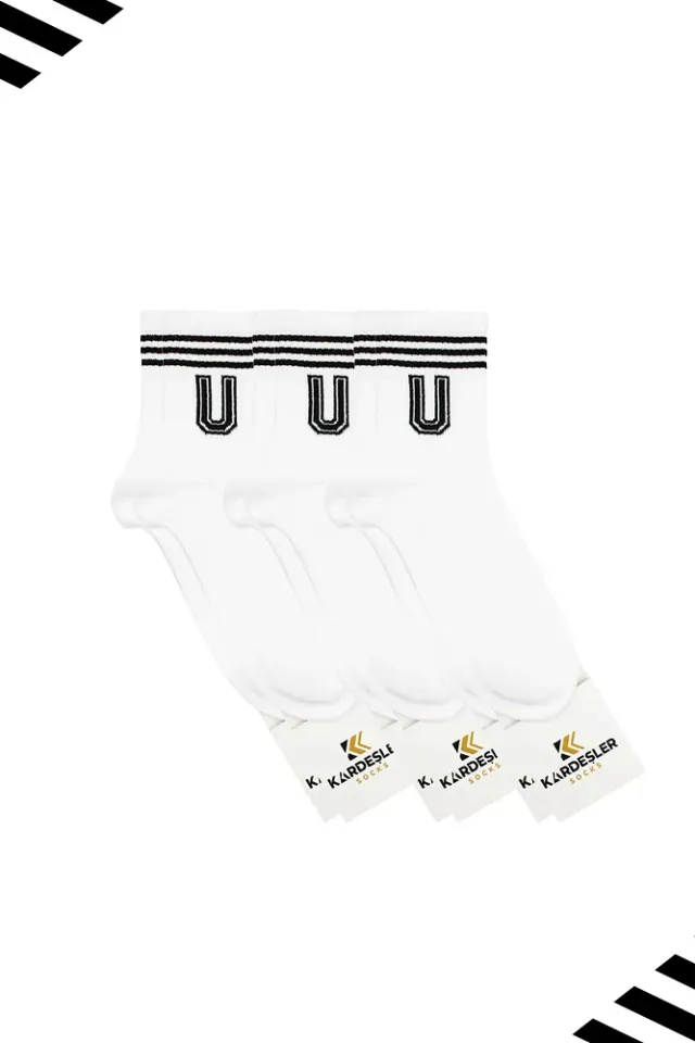 Unisex U Harfi Desenli Tenis Çorap (HARFLİ ÇORAP) 3 Çift Beyaz - 36-42